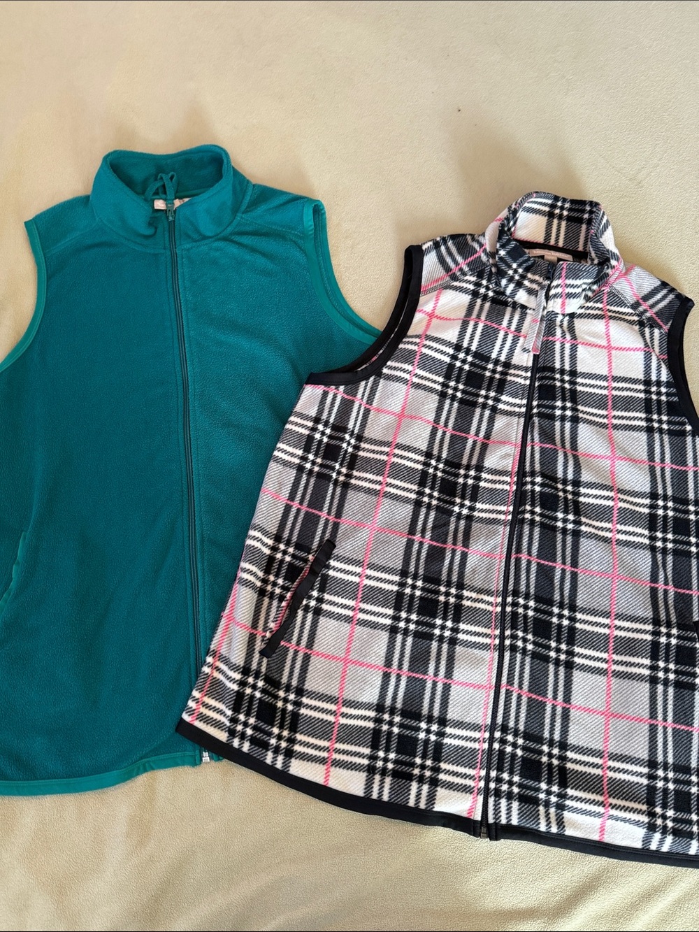 Woman Within Womens ' Teal Fleece Vest & Pink-Accented Plaid Vest - set of two